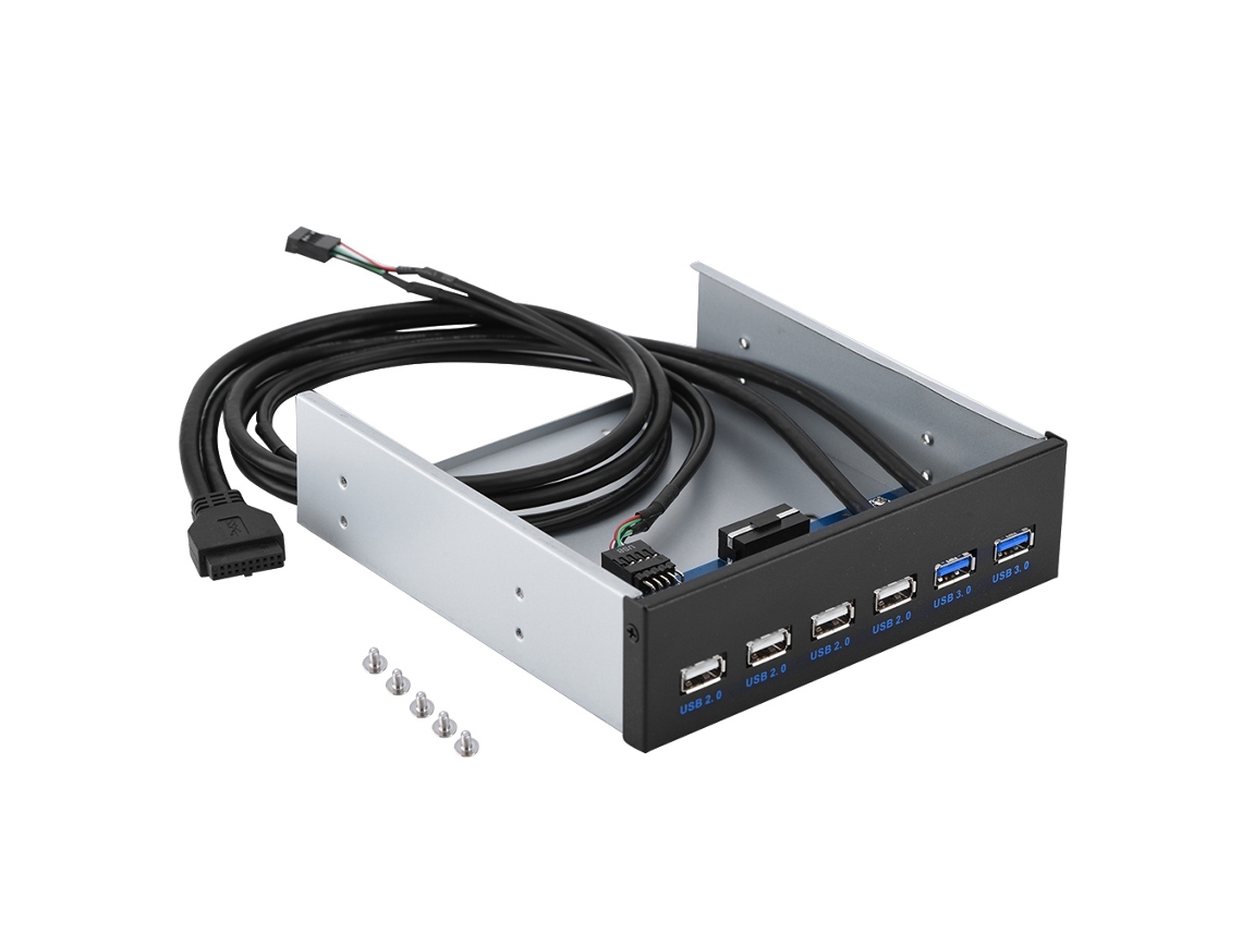 Hub USB con panel frontal metálico, 2 puertos USB 3.0 y 4 puertos USB 2.0 para carcasa de 5,25'' de 9 y 19 pines.