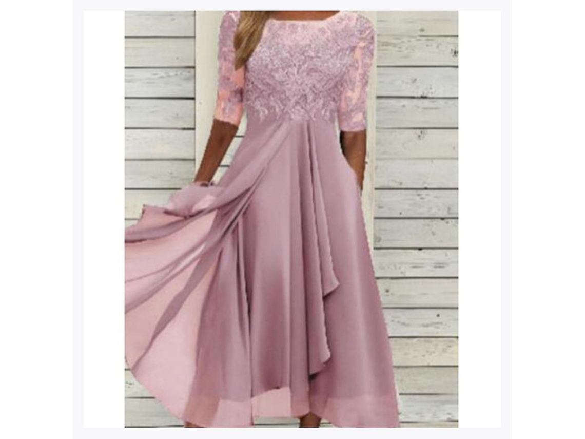 2026-vestido Midi Con Encajes Mangas Cortas Para Fiesta Casual Y Bodas Material Chiffon