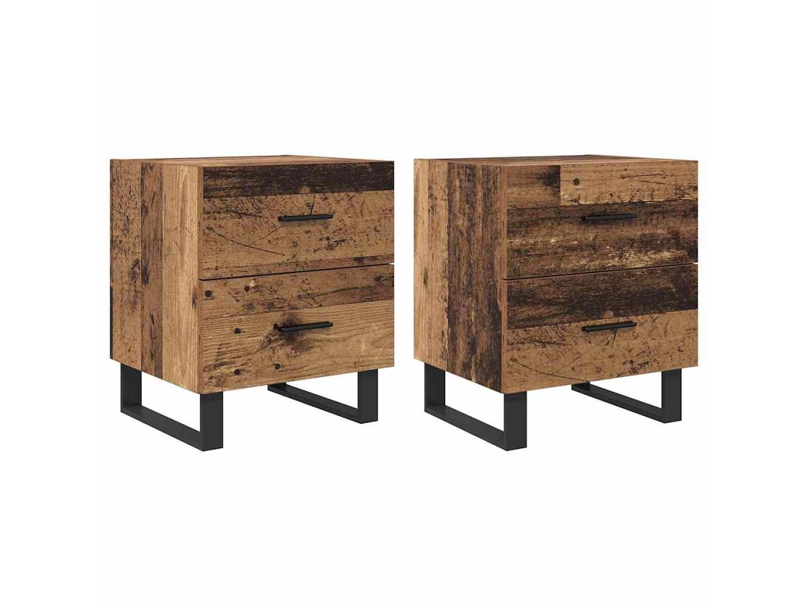 Juego de mesita de noche de 2 piezas con cajón, madera antigua y negro, EXCLUSIVA DE LA CASA