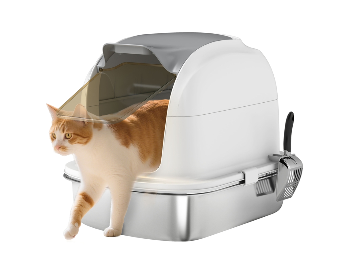 Arenero XL de acero inoxidable para gatos con tapa abatible, laterales altos, entrada superior y pala, 52,4 x 41,3 x 42 cm, blanco, ZENCORE SERVICES