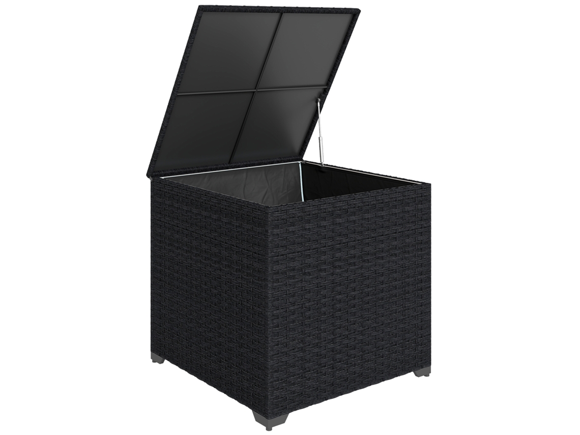 Caja de almacenamiento exterior de ratán con capacidad para 253 litros, asa hidráulica, forro con cremallera y estructura de acero negro. ZENCORE SERVICES