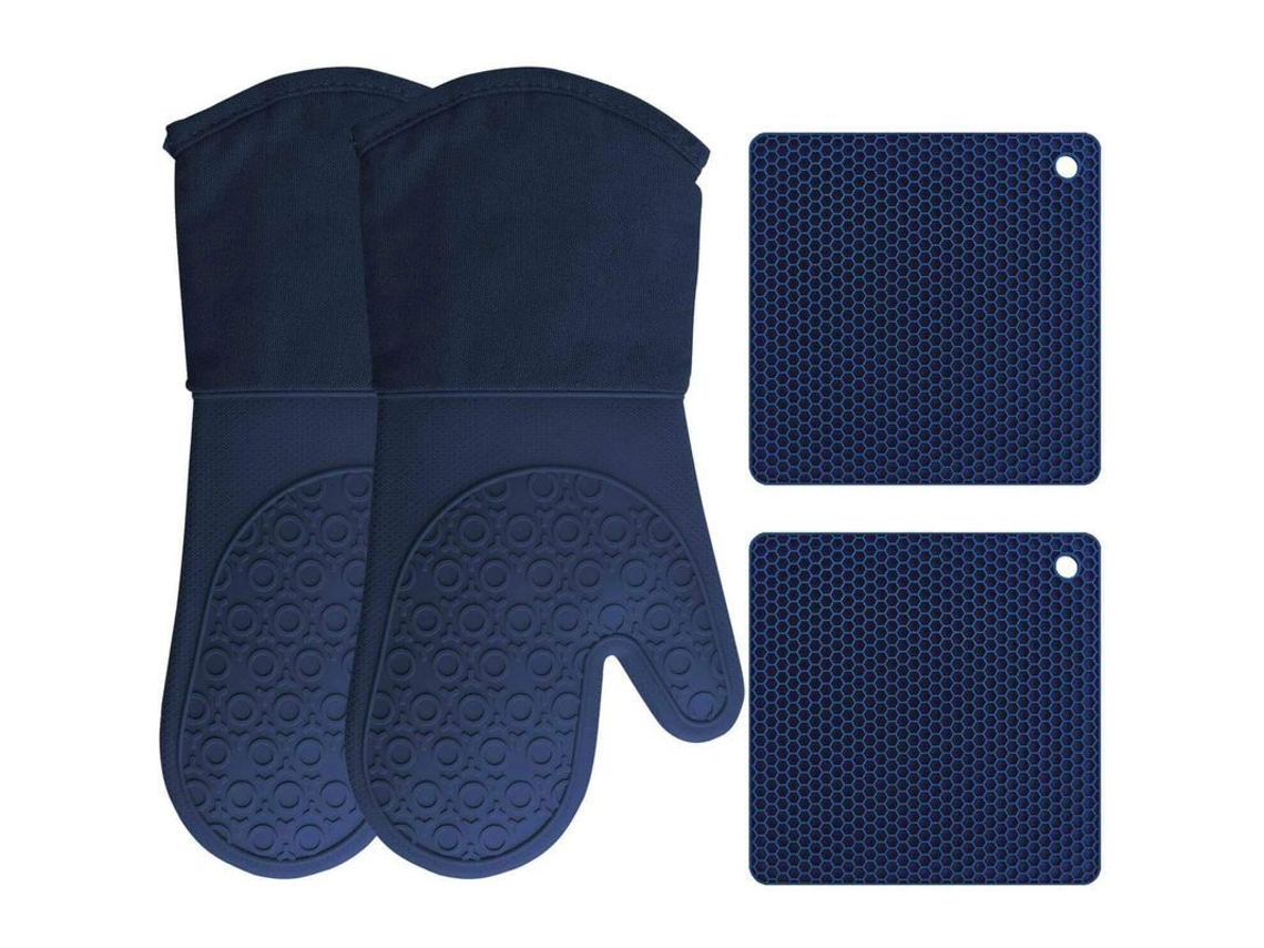 2026da-juego De 4 Piezas Guantes De Horno Y Posavasos De Silicona Resistente Al Calor Antideslizante Para Cocina Azul Oscuro