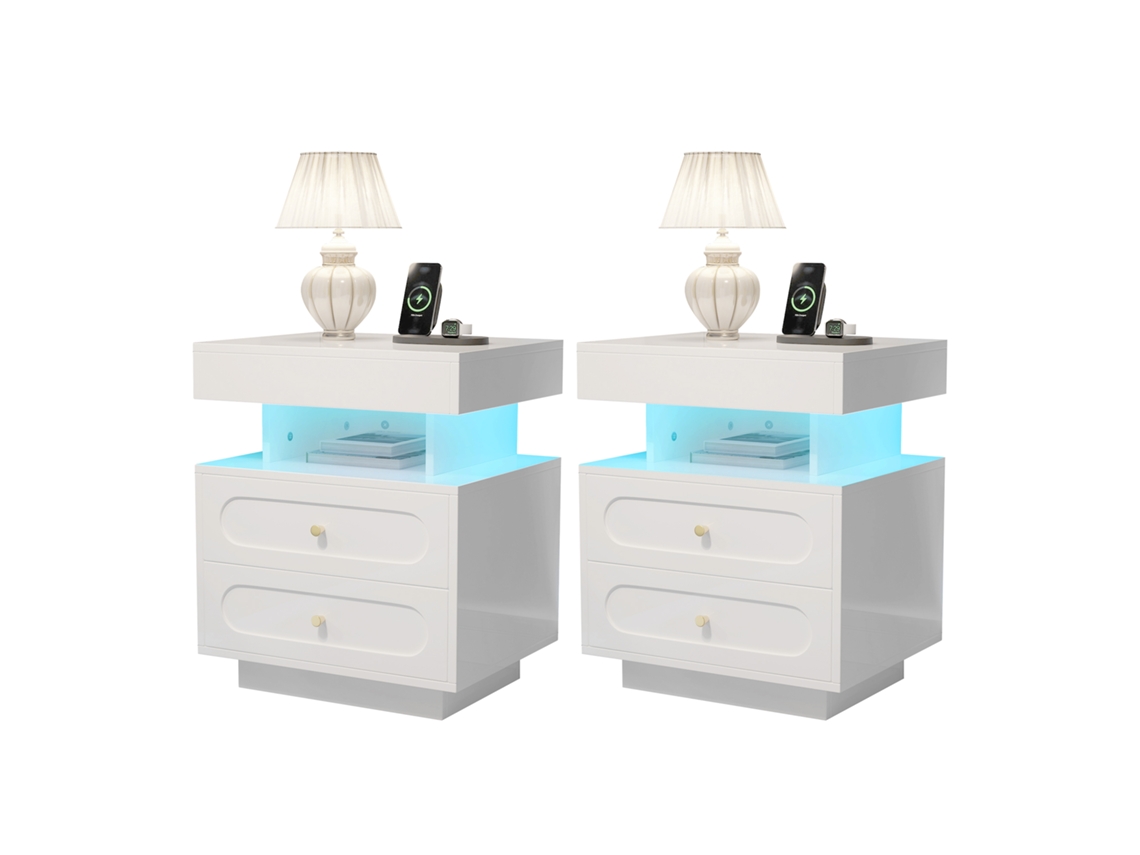 Mesita De Noche Led Con 2 Cajones Y Compartimento, Blanca, 100x40x60cm