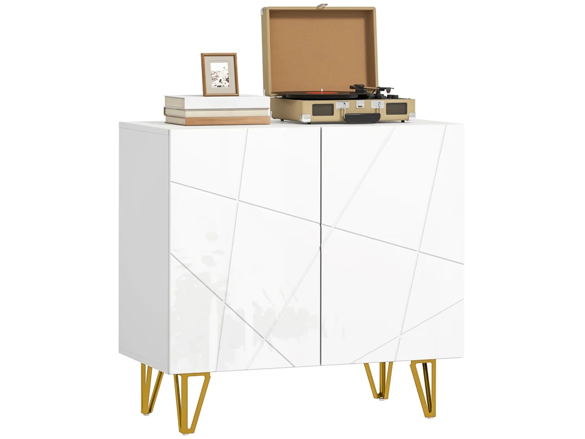 Aparador Compacto Para Recibidor Con 2 Puertas Y Estantes, Acabado De Alto Brillo, 80x40x75cm, Blanco.
