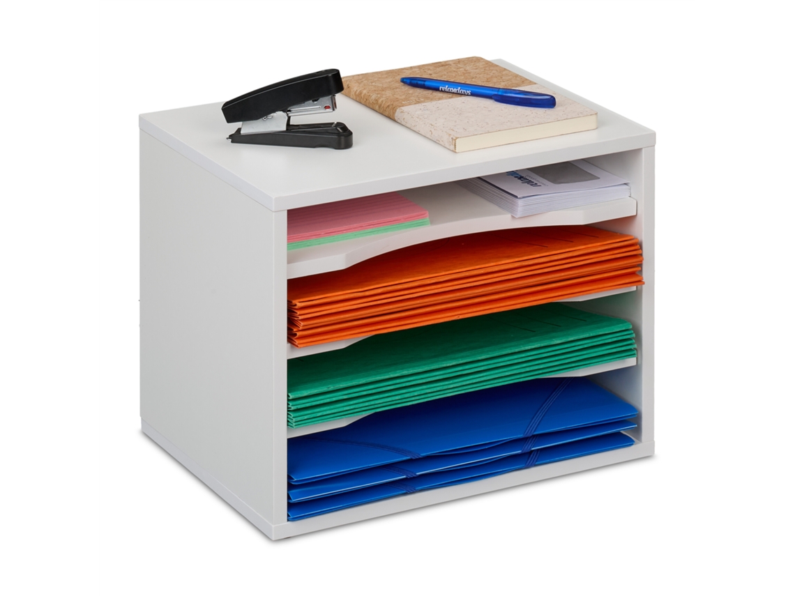Tabuleiro Organizador Relaxdays, 4 Compartimentos, Hbt: 28 X 35,5 X 25 Cm, Din A4, Suporte Para Cartas, Branco