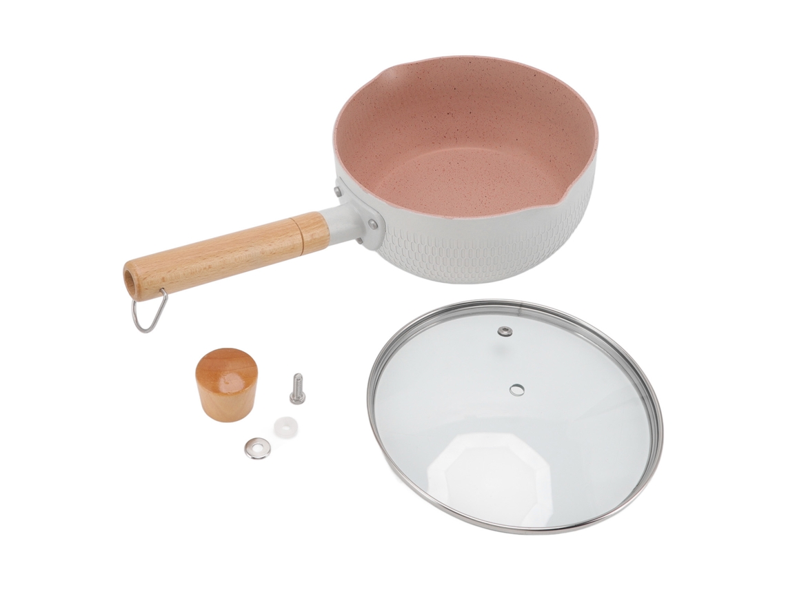 Cacerola Antiadherente Con Mango De Madera, Multifuncional, Para Leche, Inducción Y Cocinas De Gas, Blanca.
