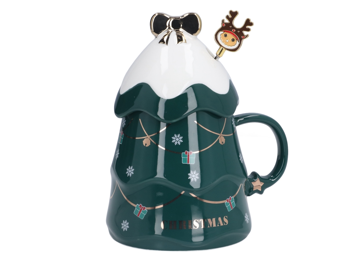 Taza navideña de cerámica de 500 ml con tapa y cuchara.