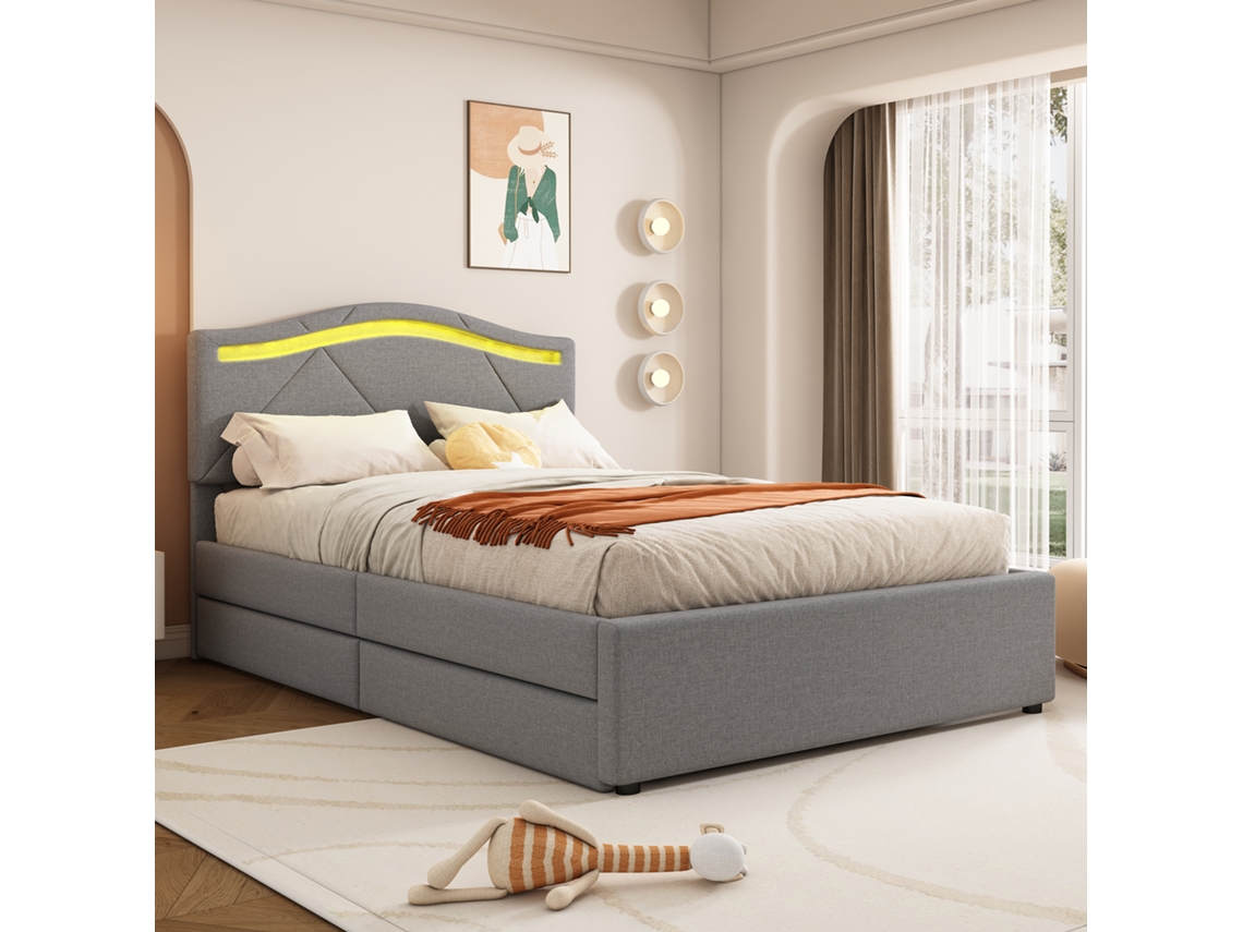 Cama De Lino Gris De 90x200 Cm Con Iluminación Led, 2 Cajones, Cabecero Ajustable Y Somier Minimalista De Láminas.