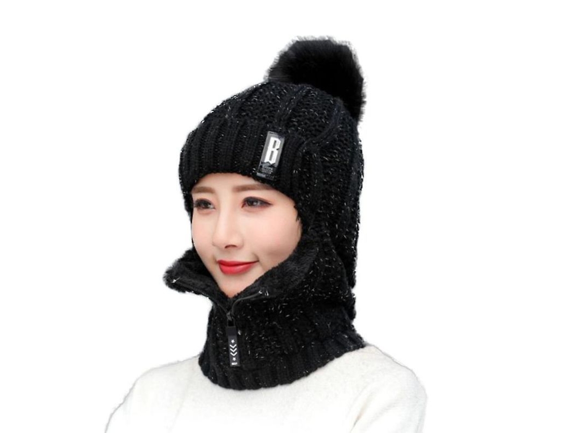 Gorro De Invierno De Lana Gruesa Para Mujer Con Cremallera, Orejeras, Capucha Y Forro Polar Cortavientos Qst