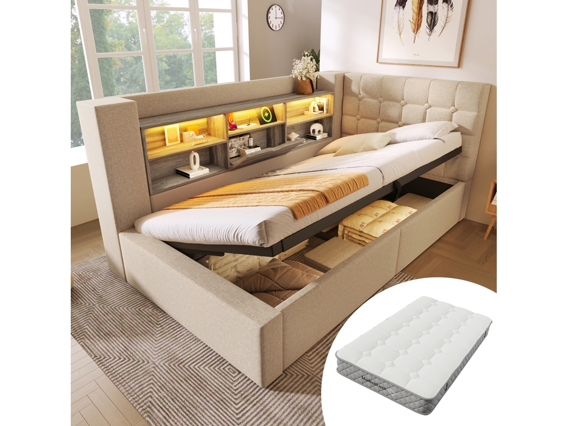 Cama Tapizada De 90x200 Cm, Cabecero En Forma De L, Led, Usb Y Compartimento De Almacenamiento Hidráulico, Colchón Incluido.