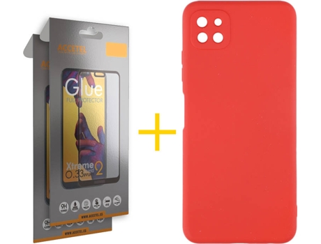 Funda y Protector de Vidrio Full 2 x Samsung Galaxy A22 5G ACCETEL Silicona Líquida Rojo