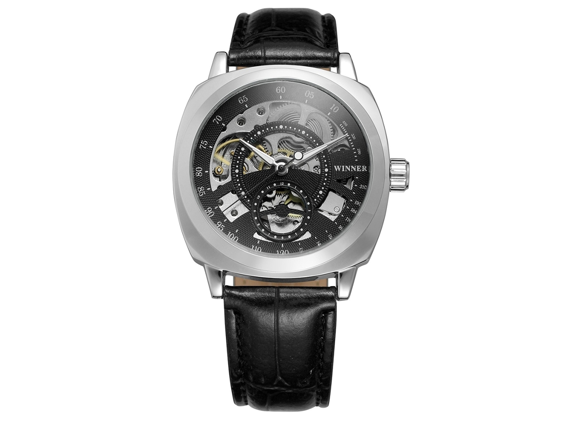 Reloj Mecánico Automático Impermeable Con Correa De Cuero Pu Negro Para Hombre