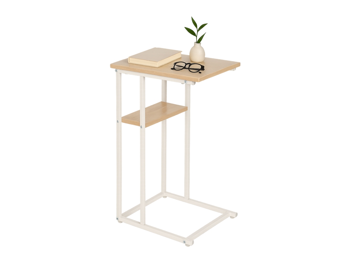 Mesa Auxiliar Relaxdays, Estantes Grande Y Pequeño, 60 X 40 X 30 Cm, Mesa Para Sofá Y Cama, Metal Y Mdf, Blanco.