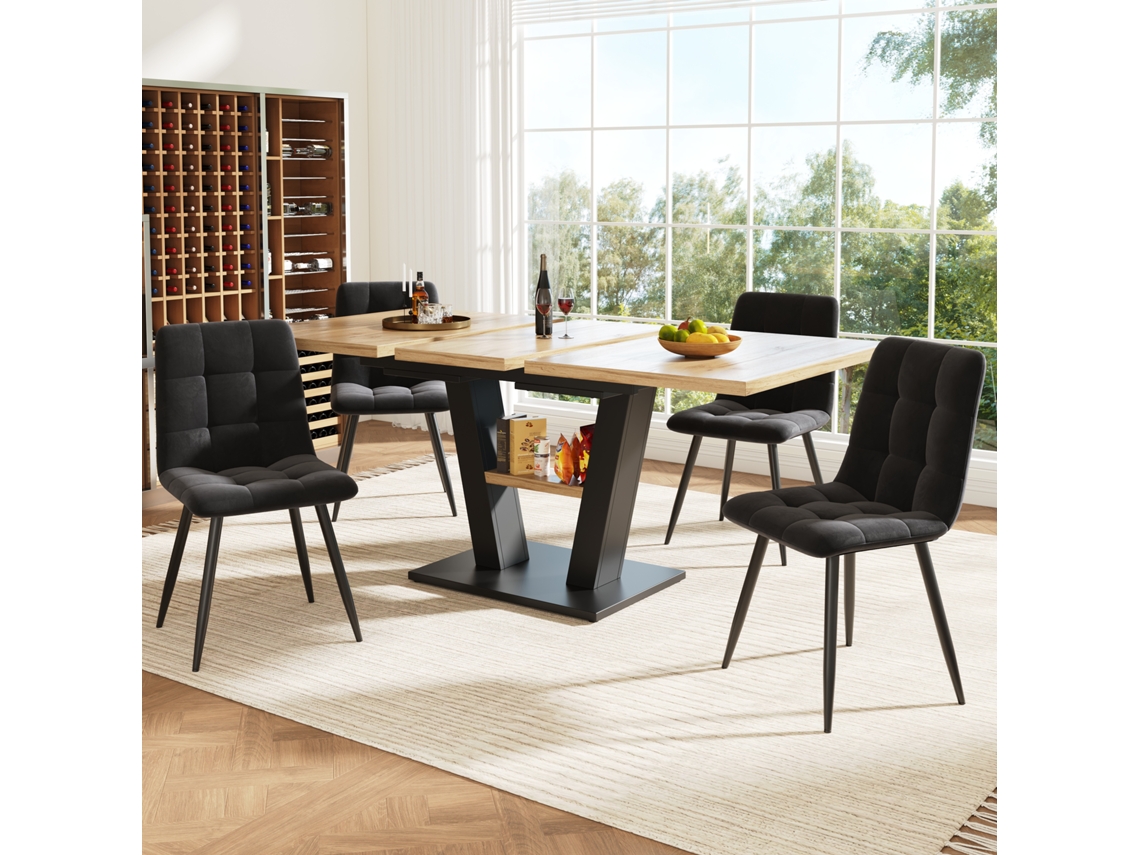Mesa extensible de 118-157 cm con 4 sillas y patas modernas en forma de V.