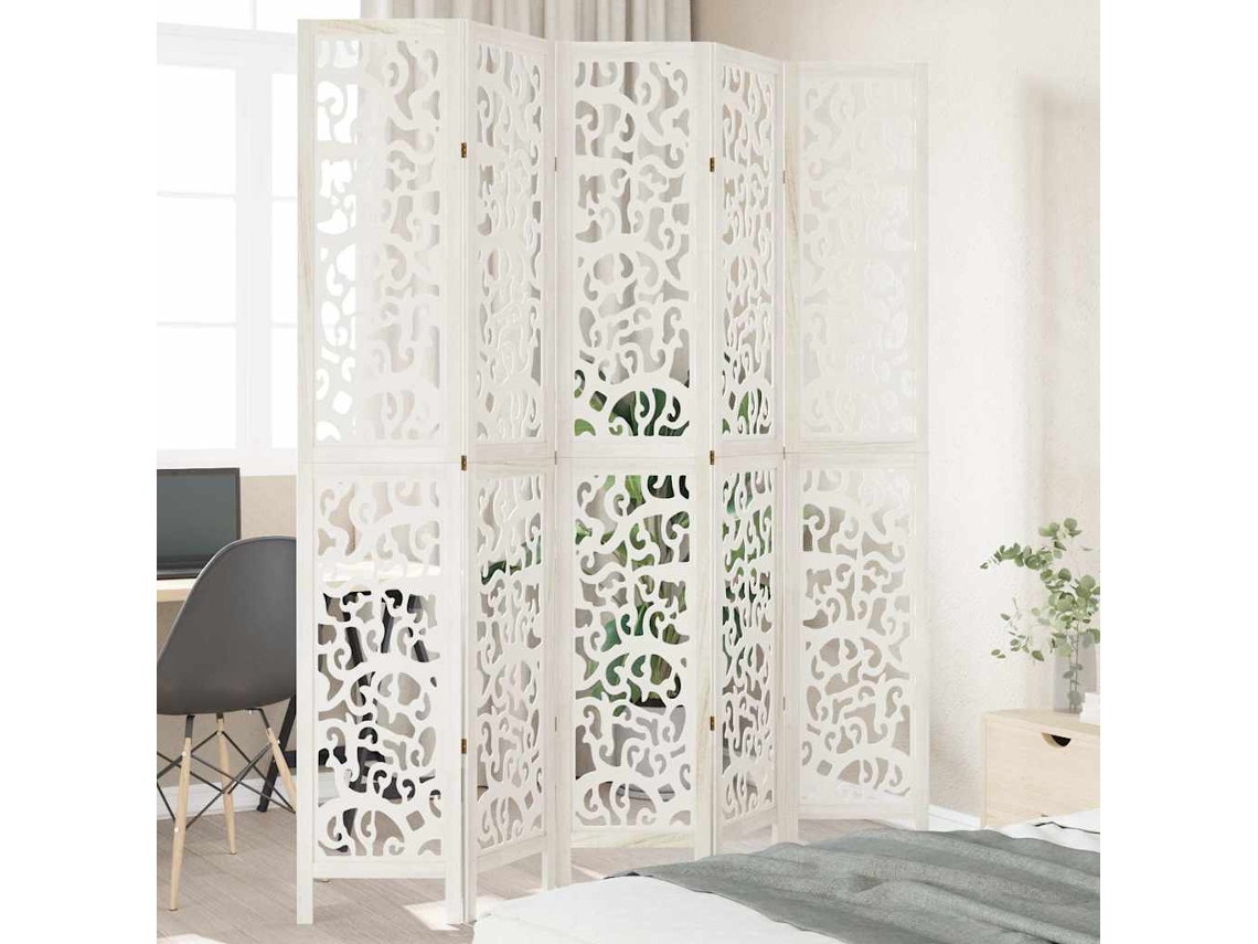 Biombo | Separador de ambientes | Protector de privacidad con 5 paneles de madera maciza de paulownia blanca.