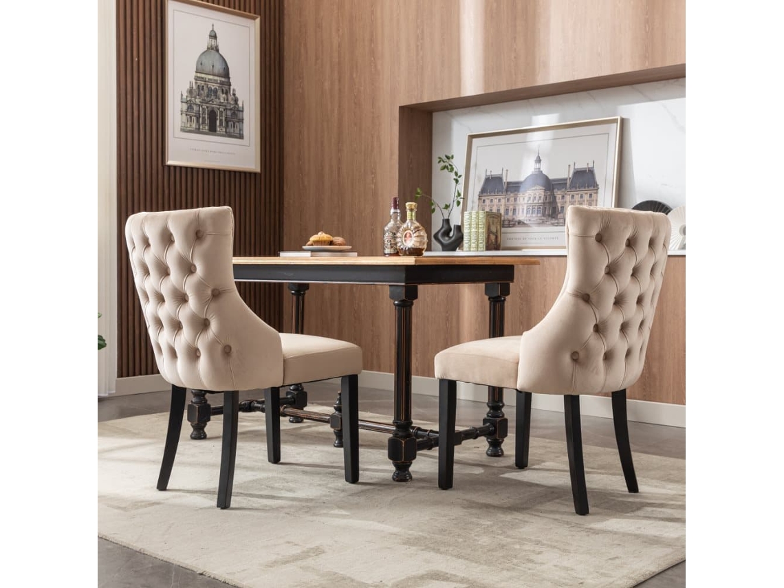 Juego De 2 Sillas Góndola De Terciopelo - Patas De Madera Maciza - Beige