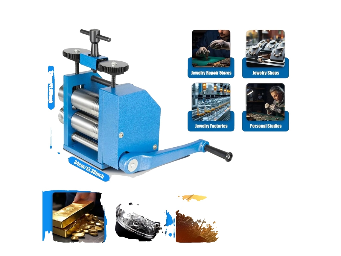 Máquina laminadora de joyería, grosor ajustable de 0,03 a 6,5 mm, mango ergonómico, diseño compacto, construcción de hierro y acero.