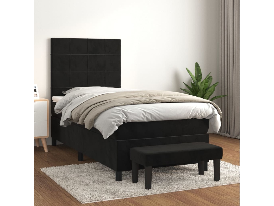 Cama Box Spring Con Colchón Terciopelo Negro 90x200 Cm