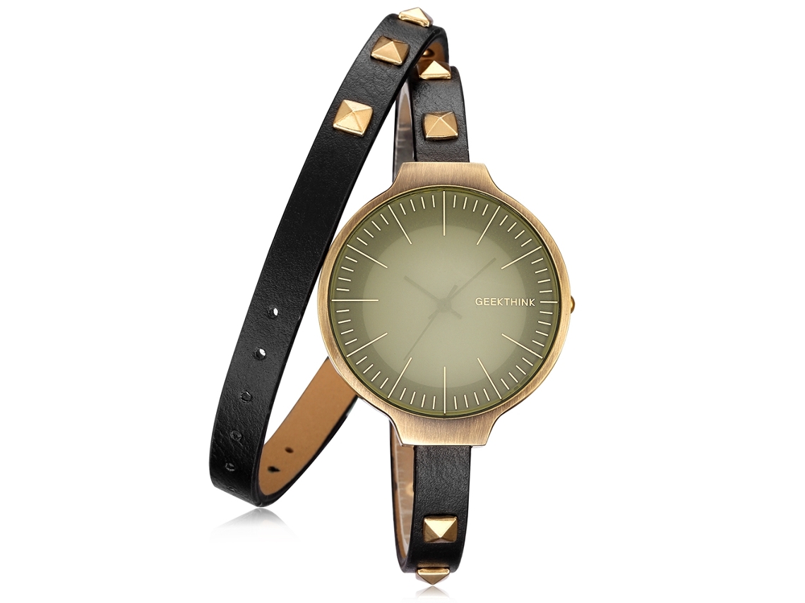 Reloj De Cuarzo Retro Para Mujer Con Correa De Piel Sintética Multicapa Y Remaches Negros.