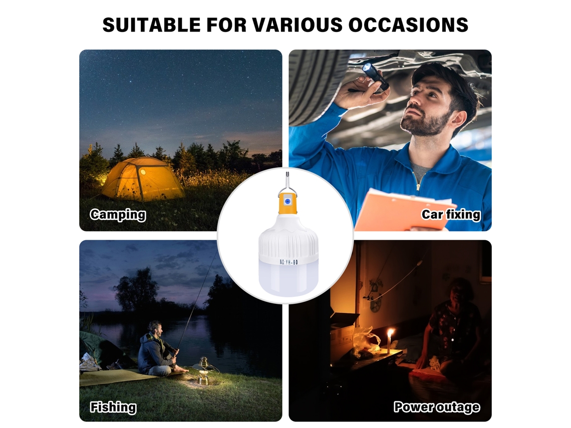 Lanterna de acampamento Bj-Camping LED recarregável via USB, à prova d'água, com 3 modos de iluminação, portátil, com gancho para pendurar e alto brilho.