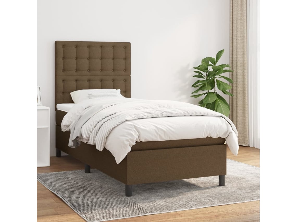 Cama Box Spring Con Colchón Tela Marrón Oscuro 90x200 Cm