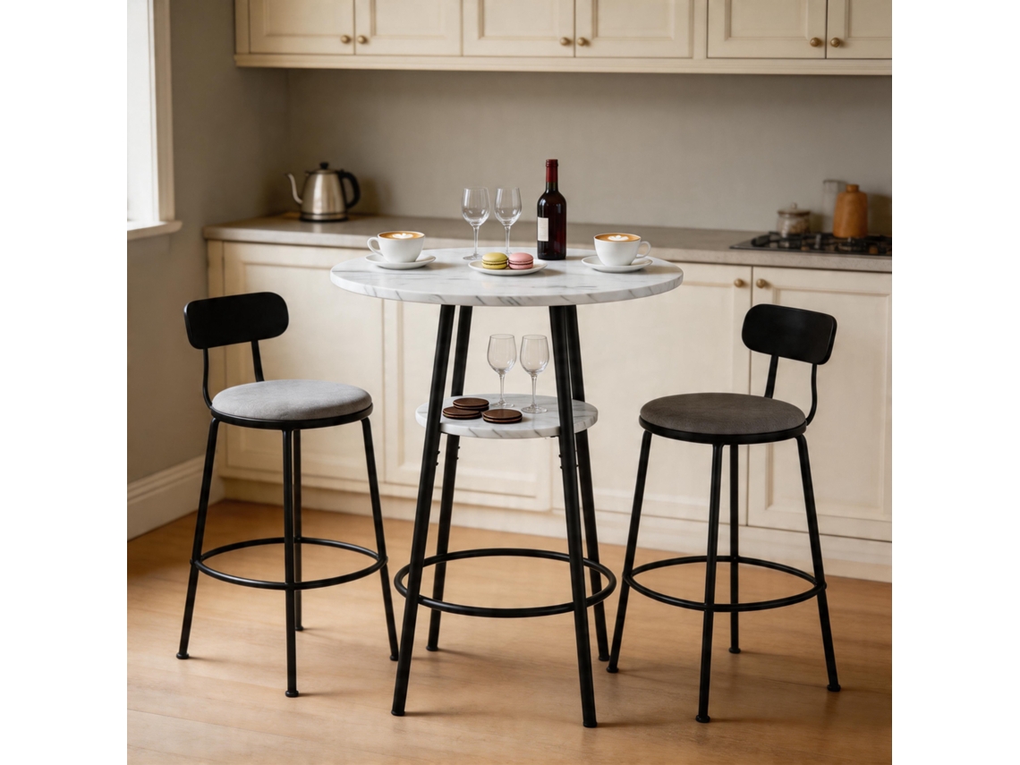 Mesa De Bar De Mármol Blanco Con Estructura De Metal Negro, 60x89 Cm, Para Cocina.