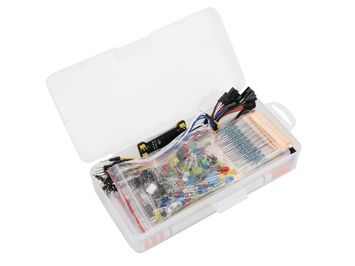 Kit de inicio de componentes electrónicos: placa de pruebas, zumbador, condensador, transistor y diodo.