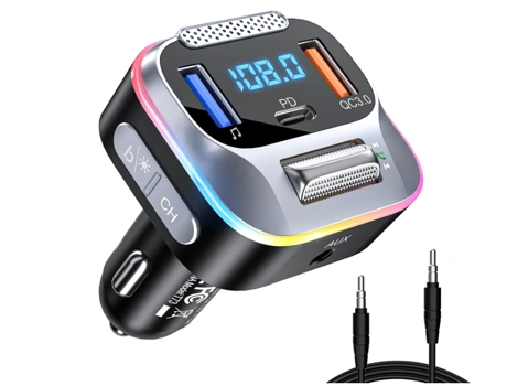 Transmisor FM para automóvil Bluetooth 5.0, cargador de automóvil PD + QC3.0, adaptador de música de radio Bluetooth AUX (negro)
