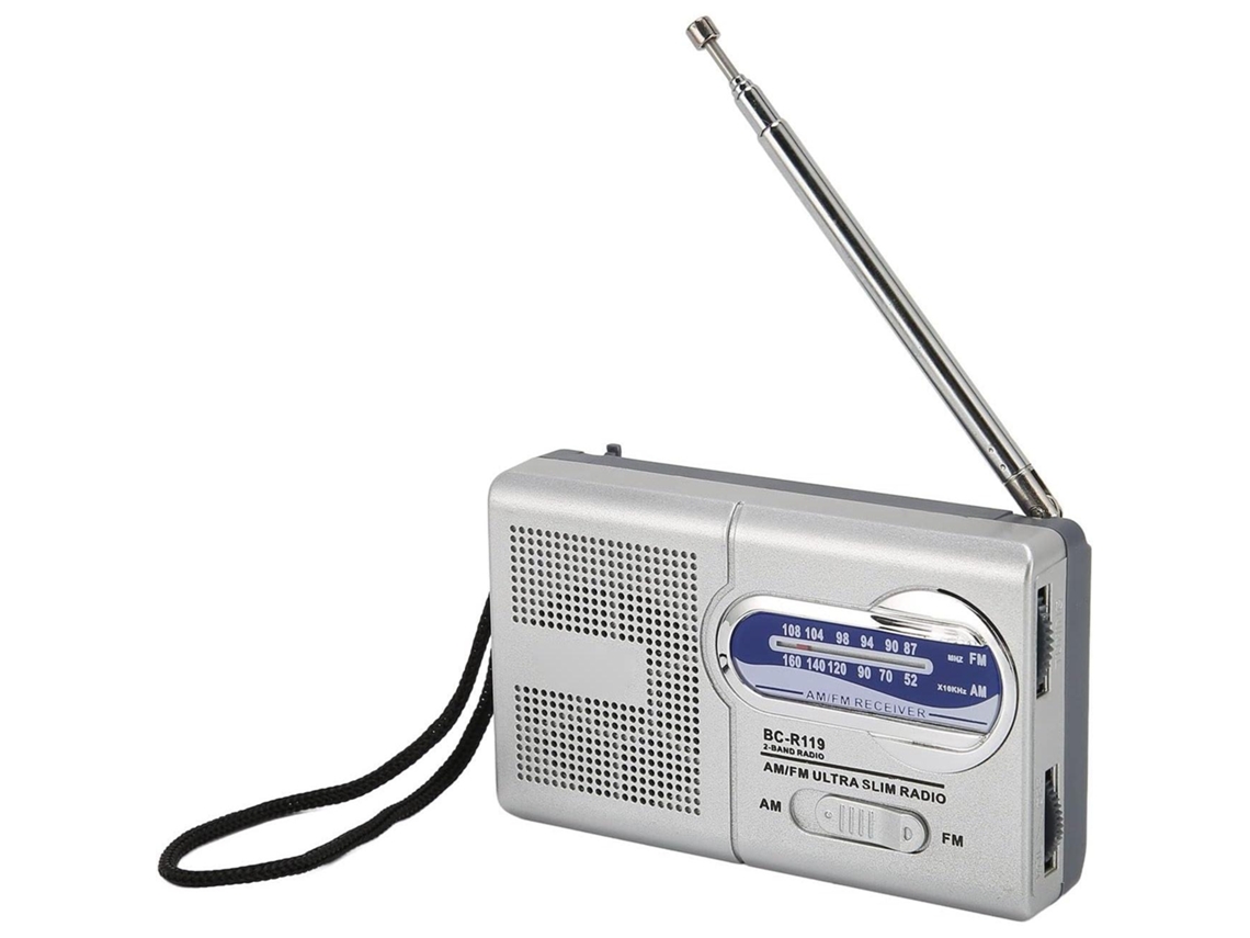Radio portátil de transistores AM/FM con sintonizador grande, funciona con pilas.