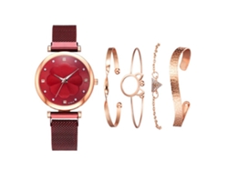Conjunto De 5 Piezas De Pulsera De Reloj De Cuarzo De Aleación Roja, Accesorios Diarios Con Caja De Almacenamiento.