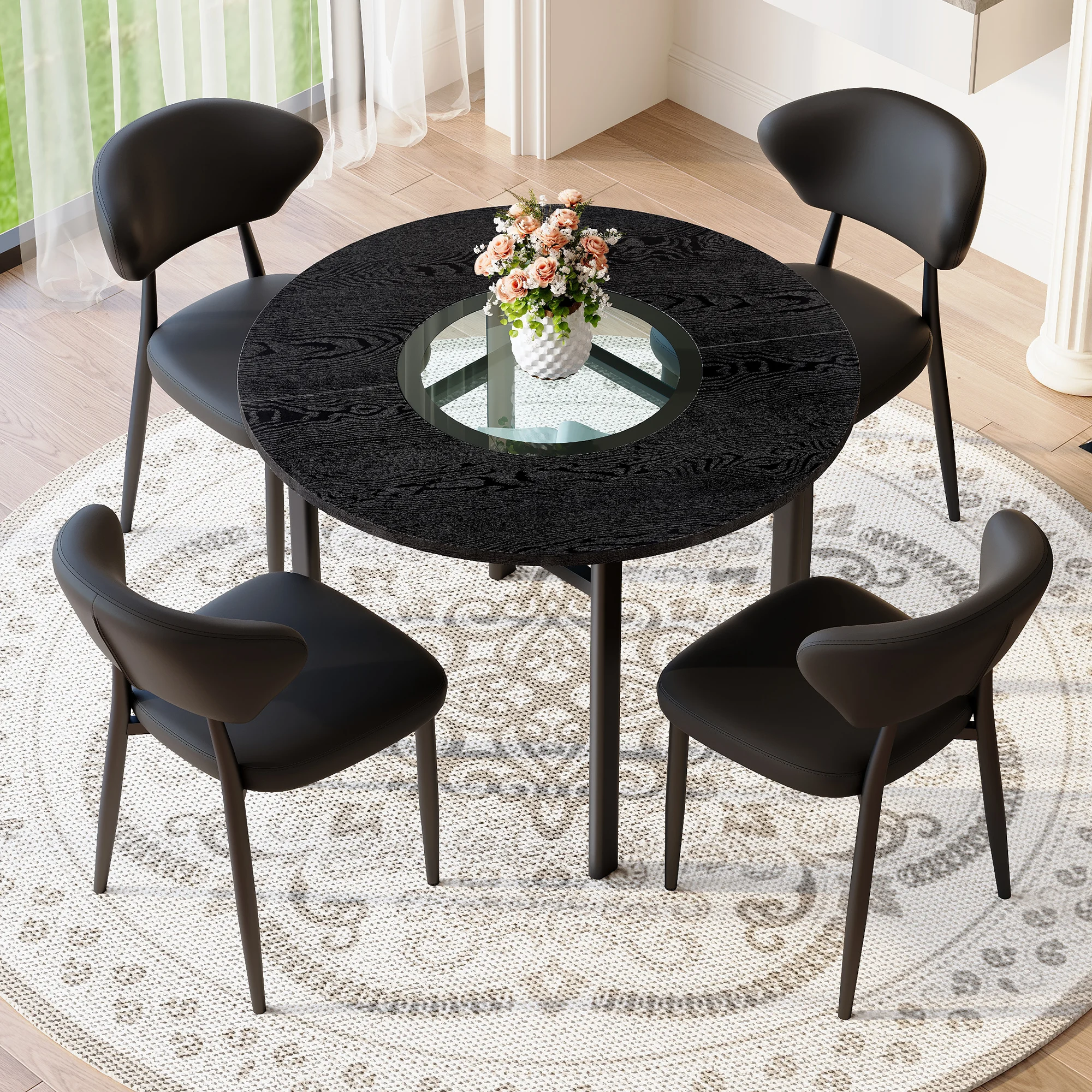 Conjunto De Mesa Redonda De Madera (100 Cm) Con 4 Sillas Con Brazos Curvos De Poliuretano Negro.