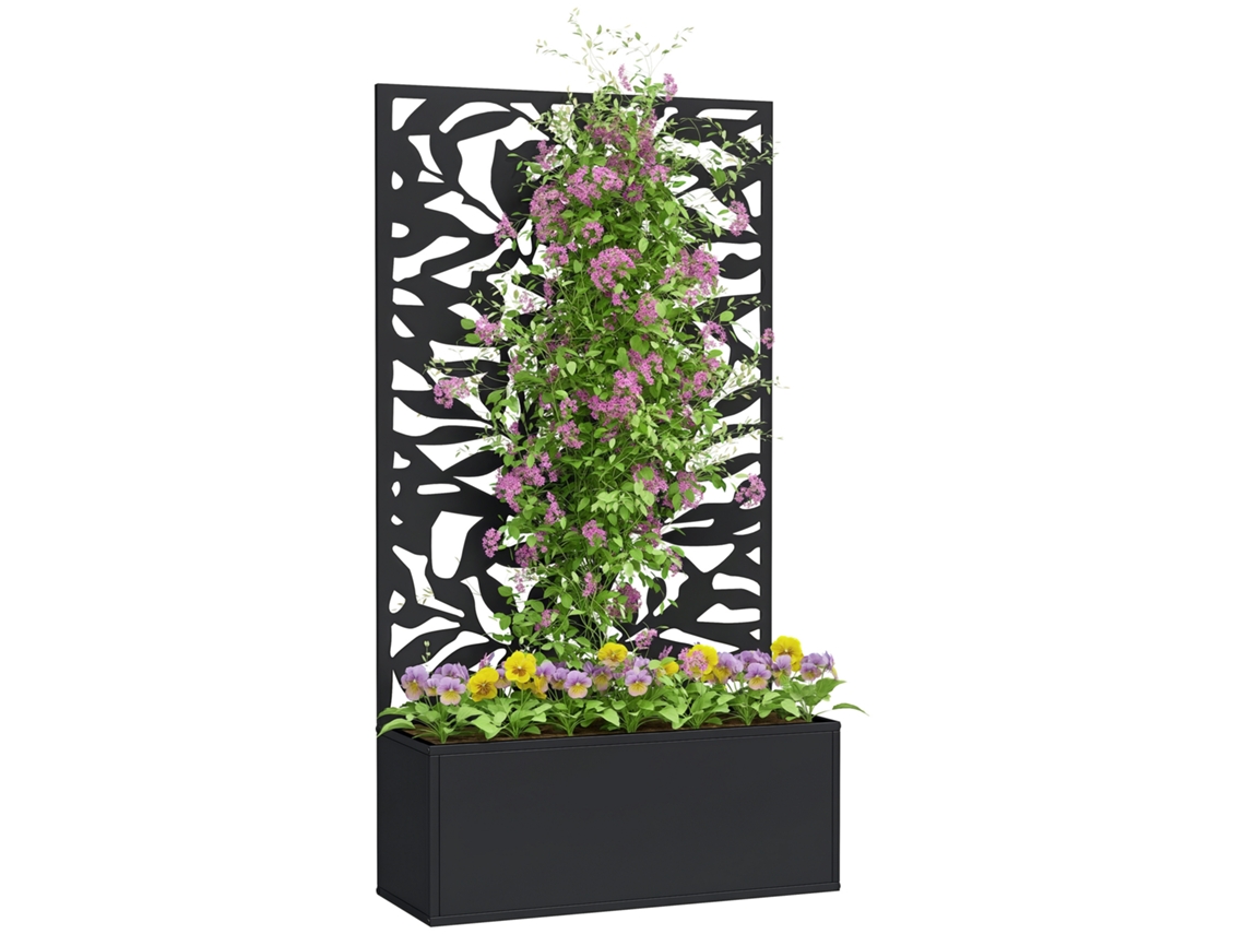 Cama elevada con panel de privacidad, valla de viñedo, metal, negro.