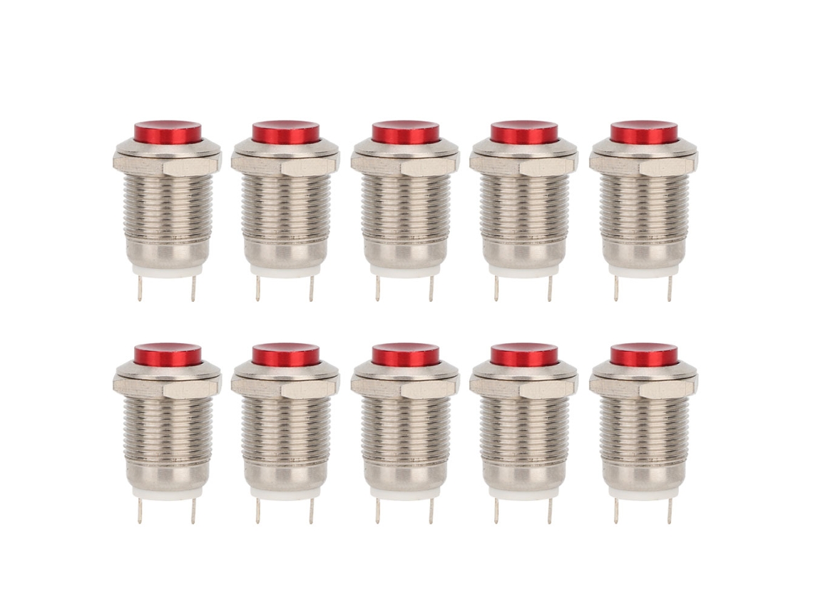 10 Interruptores Pulsadores Metálicos Rojos Impermeables De 12 Mm, 2 A/250 Vca, 2 Pines.