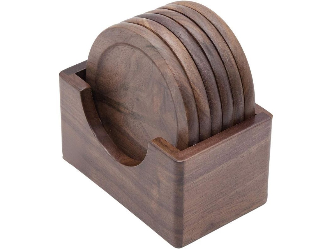 2026-41285-set 6 Posavasos De Nogal Natural, Con Portavasos, Decoración Mesa Hogar Oficina