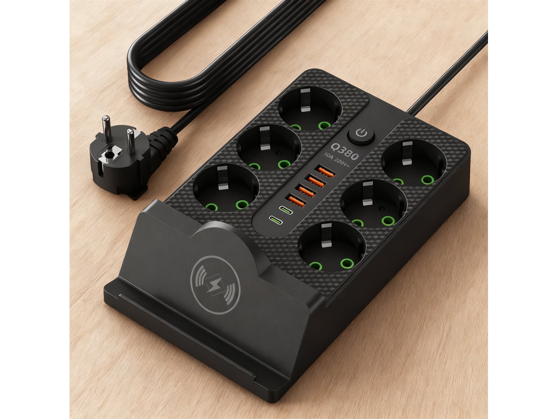 Extensión Chrui Con 6 Ac + 4 Usb + 2 Type-c Y Carga Inalámbrica (negro)