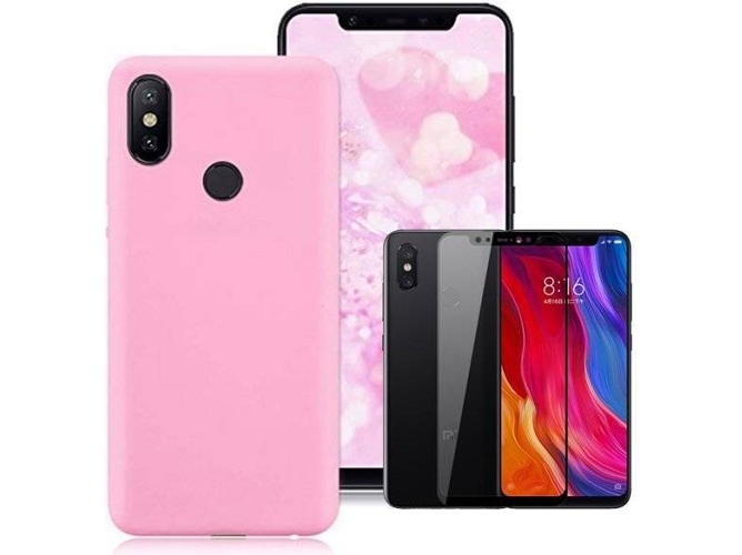 Kit Carcasa y Protector de Cristal 5D Full Cover Xiaomi Mi 8 Silicona Rosa