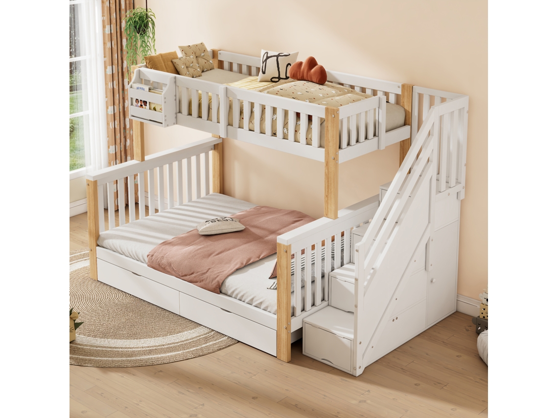 Litera infantil de 90x200x140x200 cm, cama doble con 2 cajones, estilo blanco natural