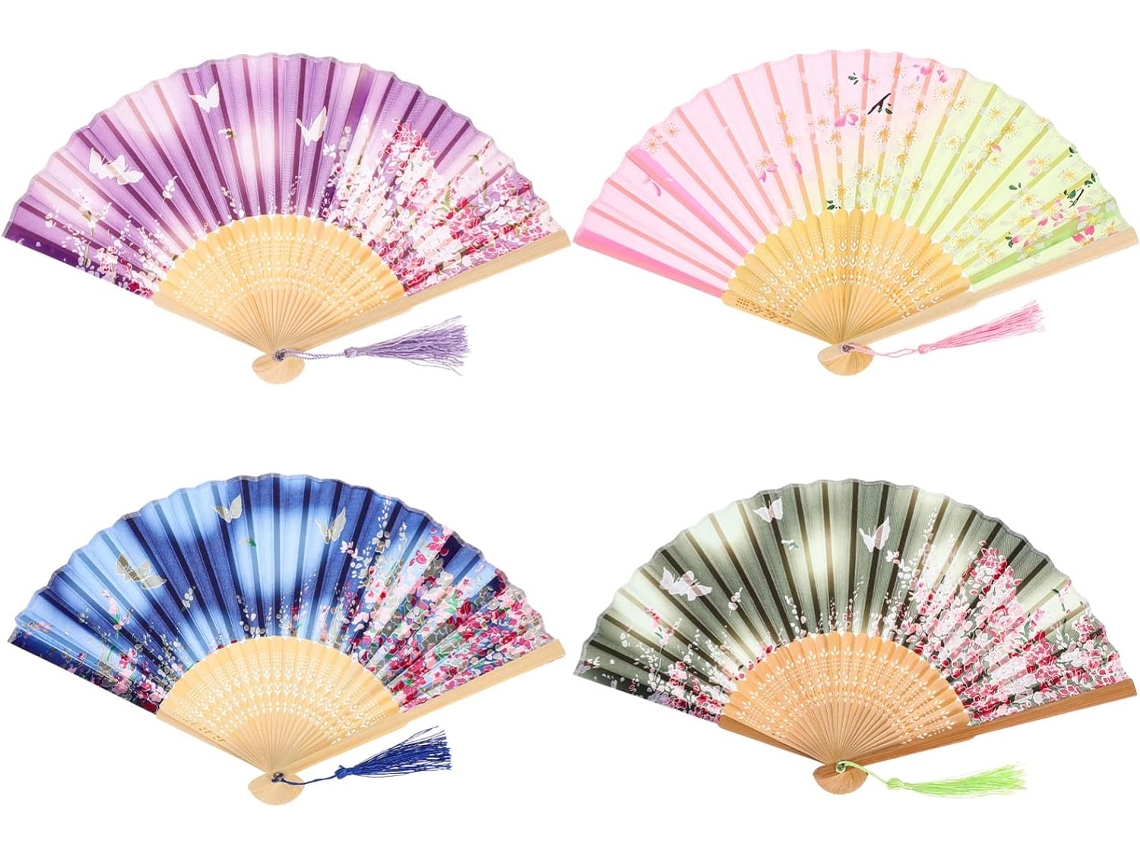 Juego 4 Abanicos Plegables, Abanico Chino, Mano Retro Vintage, Tela Para Mujer,