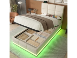 Cama Tapizada 90x200 Cm Terciopelo Beige, Cabecero Ajustable, Usb Y Usb-c, Led, Almacenamiento Hidráulico Extragrande, Colchón No Incluido.