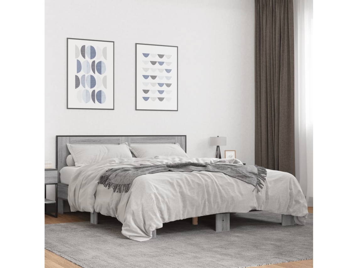 Estructura Cama Madera Ingeniería Metal Gris Sonoma 150x200 Cm