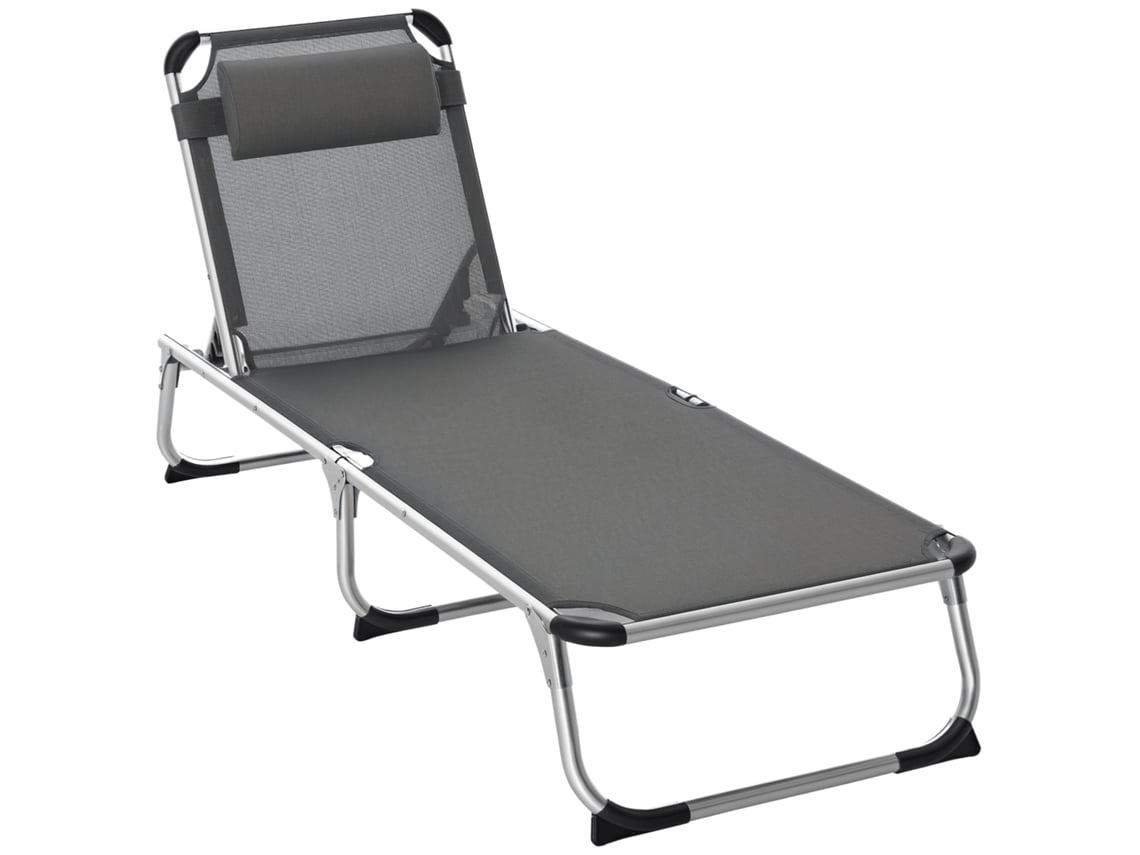 Espreguiçadeira Alumínio Dobrável Apoio Cabeça Removível 4 Posições 165x60x76cm Cinza