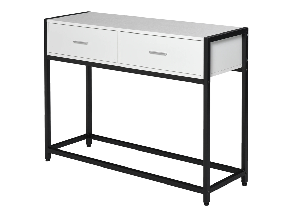 Mesa consola, estructura metálica, diseño que ahorra espacio, blanco y negro.