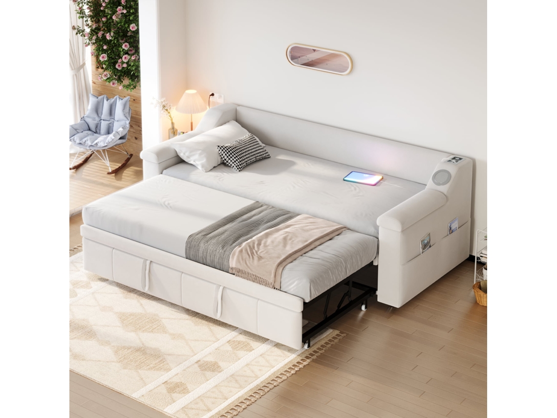 Sofá Cama De 90/180x190 Cm, Terciopelo Beige, Bluetooth, Usb Y Somier De Láminas.