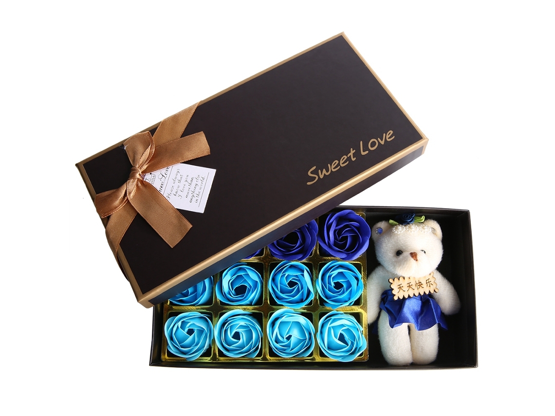 Osito de peluche con 12 flores de jabón rosas, regalo romántico para el Día de San Valentín con caja azul.