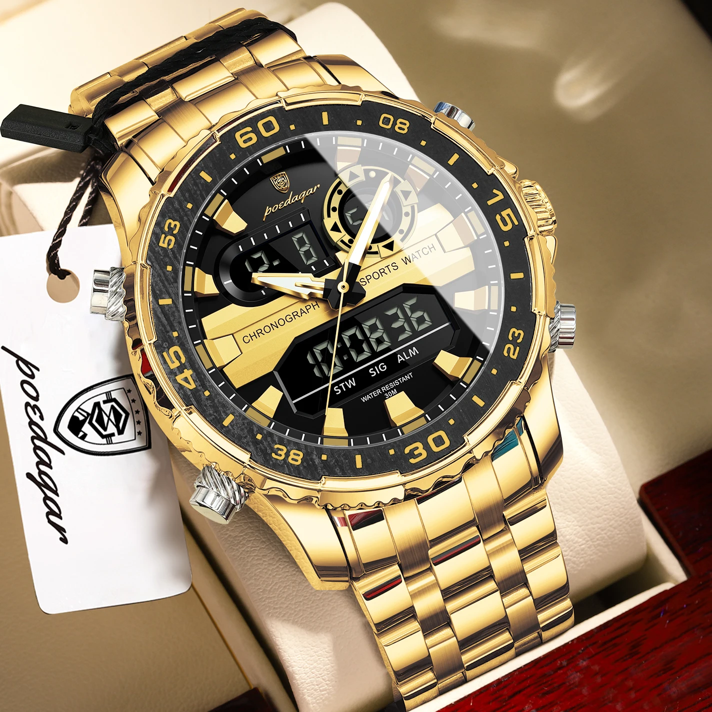 Reloj De Pulsera Electrónico Para Hombre (caja Dorada, Esfera Negra), Agujas Luminosas, Visualización De Doble Zona Horaria.