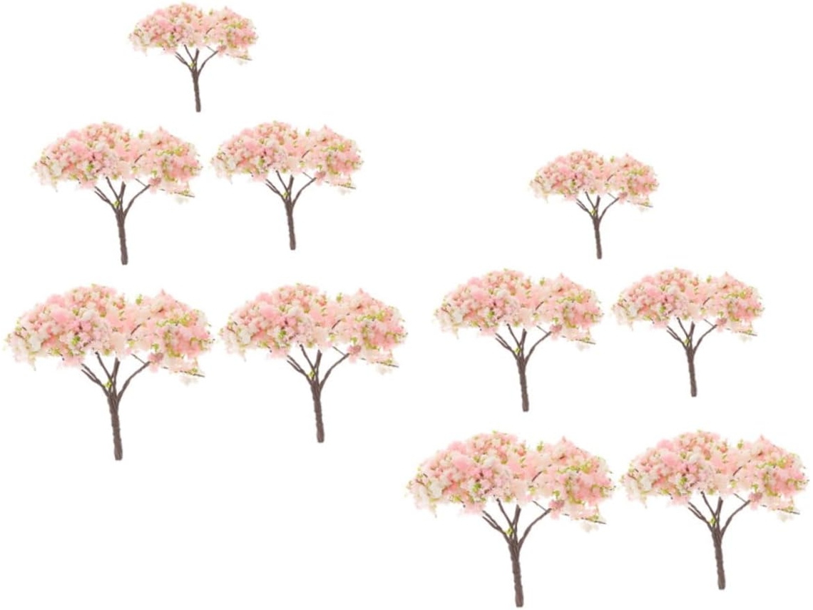 Conjunto de 10 mini árboles para diorama con flores de cerezo, ideales para crear escenarios y decorar la mesa.