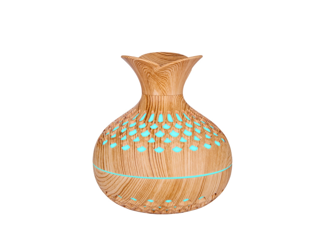 Humidificador, difusor de aroma USB en forma de jarrón hueco con luces de 7 colores Cuich (impresión de madera clara)