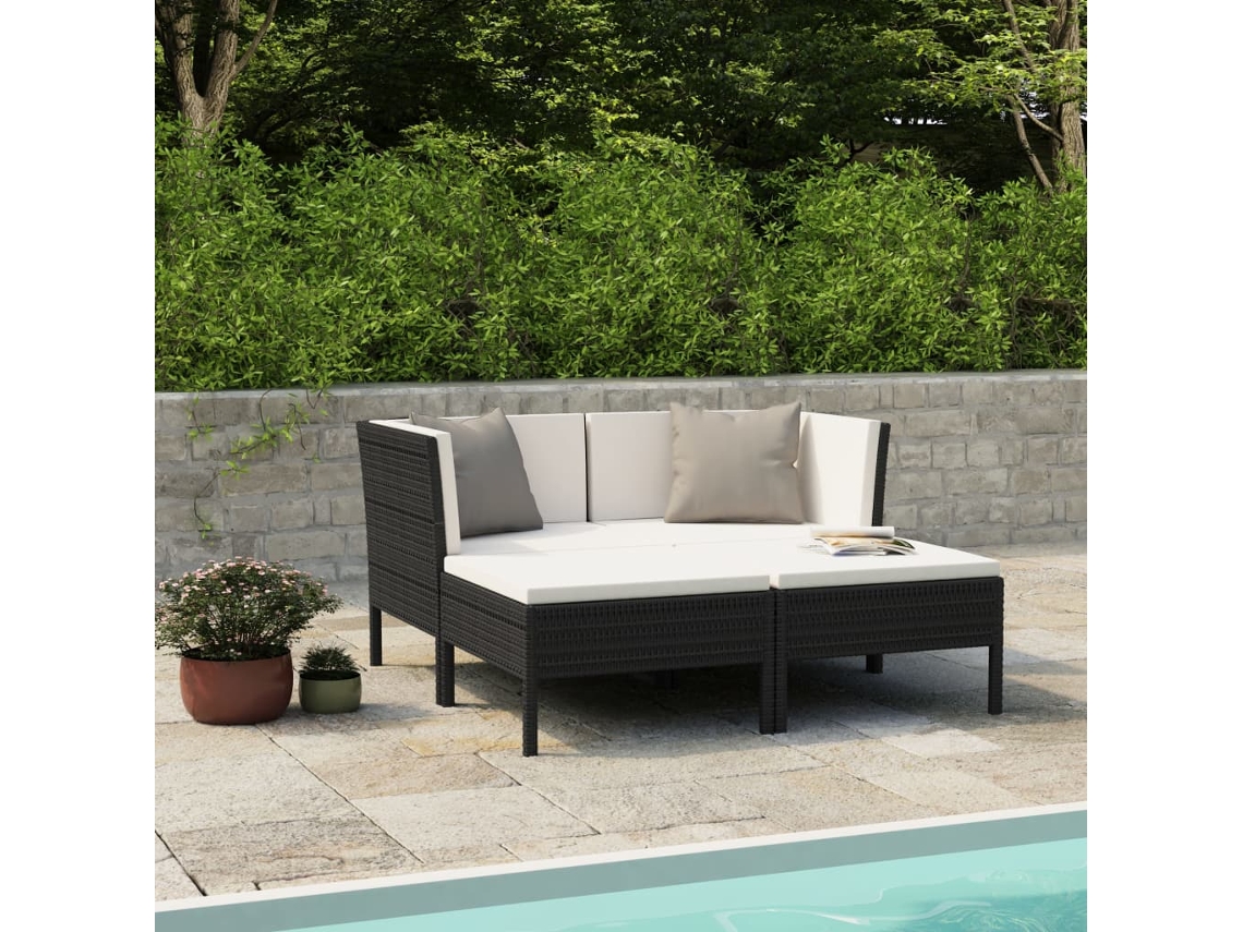 Conjunto de muebles de jardín con cojines de mimbre negros, Dkd Home Decor