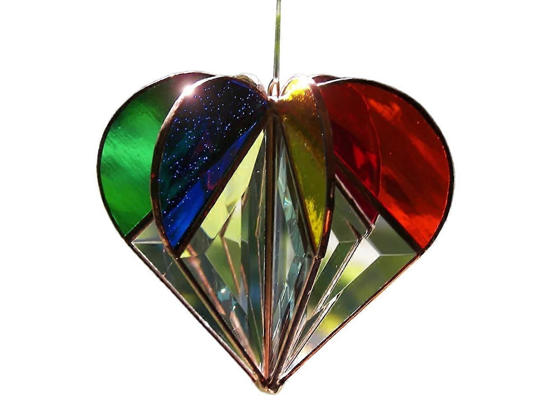 Precioso adorno colgante multifacético en forma de corazón con un arcoíris, hecho de vidrio artesanal.