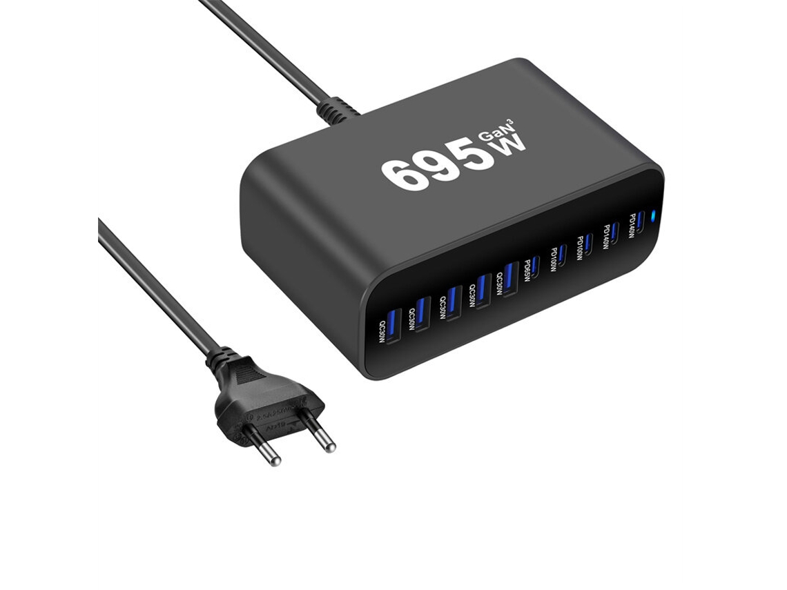 Gan Tech Cargador Usb Pd Ymx-615-695w De 695 W Con 10 Puertos, 5usb-c 5usb-a, Enchufe Europeo